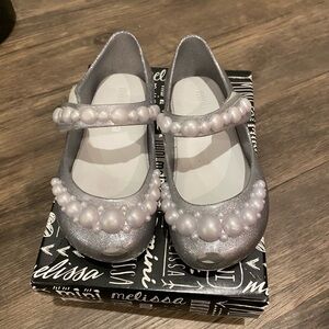Mini Melissa Glitters Silver Shoes with Pearl Accents 8T